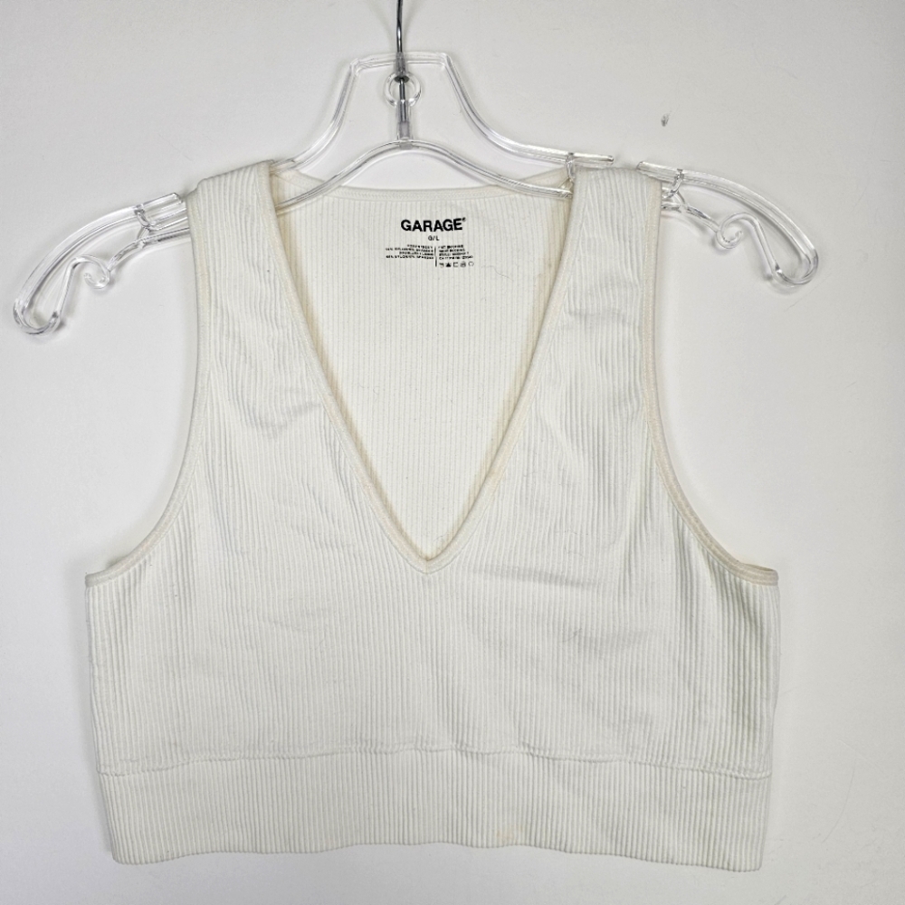 Garage Top Cream Ribbed Crop V-Neck Top Womens Large Retro Y2K Neutral Stretch
